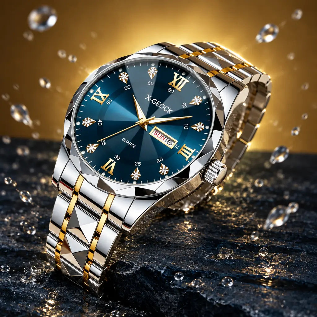 A dramatic constructed studio photograph of the exact two-tone silver-and-gold bracelet watch with b