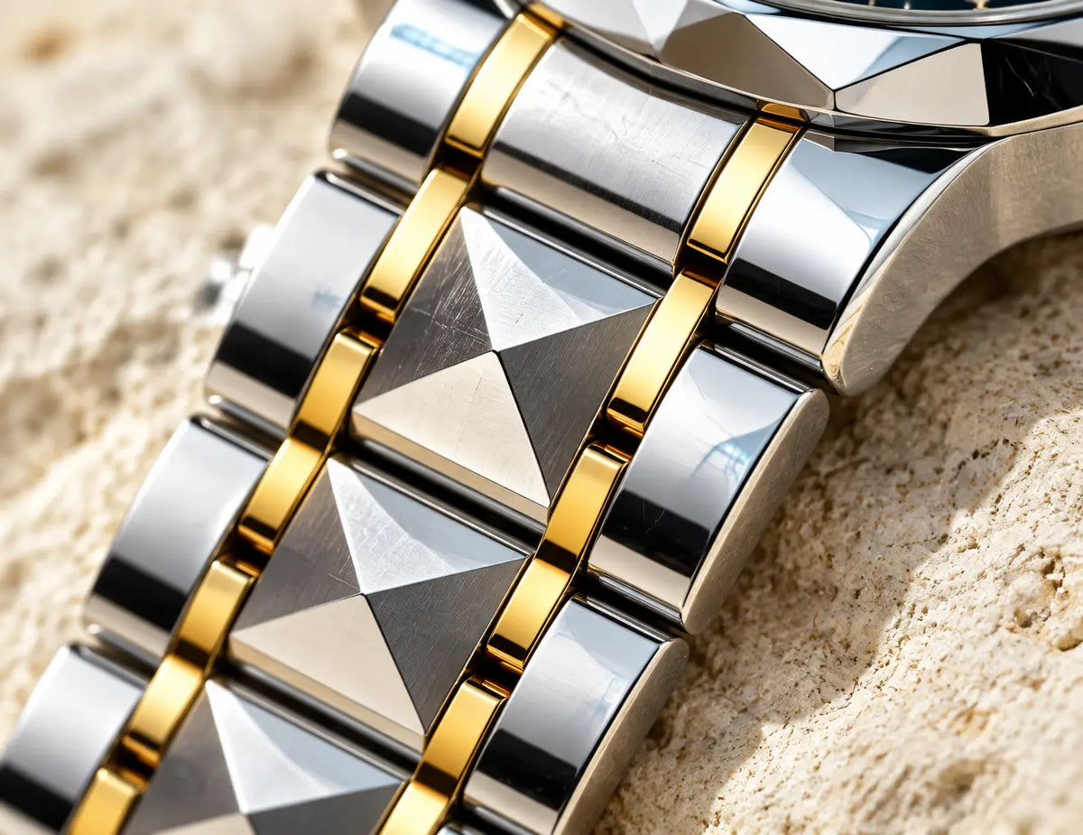 A close macro photograph of the exact stainless-steel bracelet attached to the referenced watch, sho