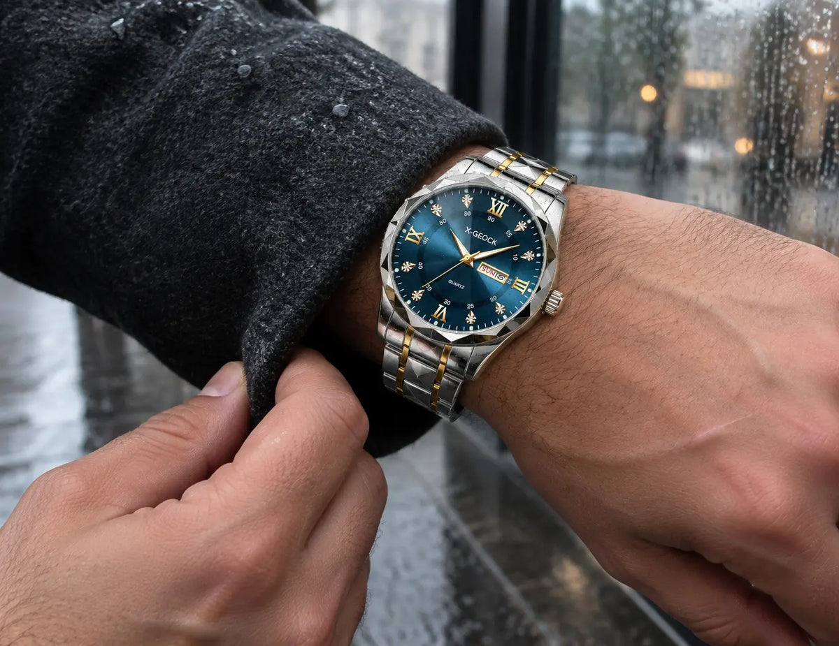 A close real-life photograph of the exact blue-dial two-tone watch from the reference worn at true s