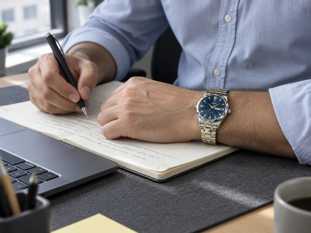 A candid close photograph of the exact two-tone steel watch with blue dial from the reference, worn