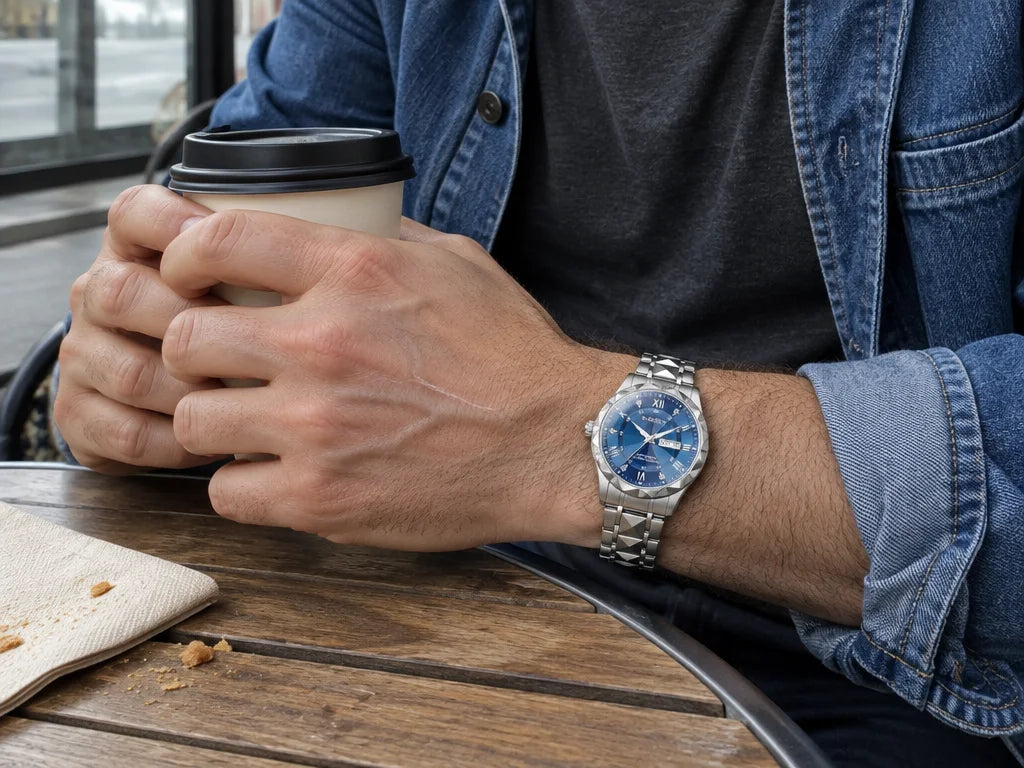 A close candid photograph of the exact silver steel watch with blue dial from the reference, worn at