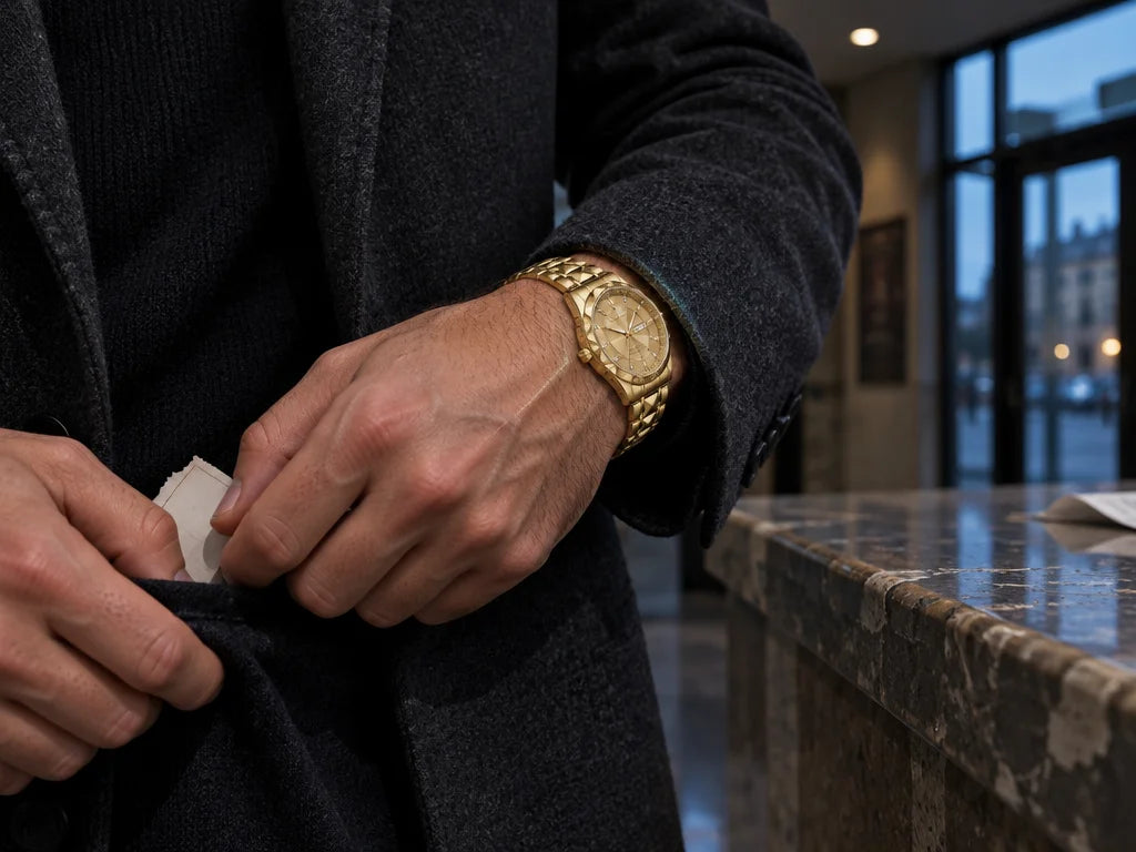 A close photograph of the exact gold-tone steel watch with gold dial from the reference, worn at tru