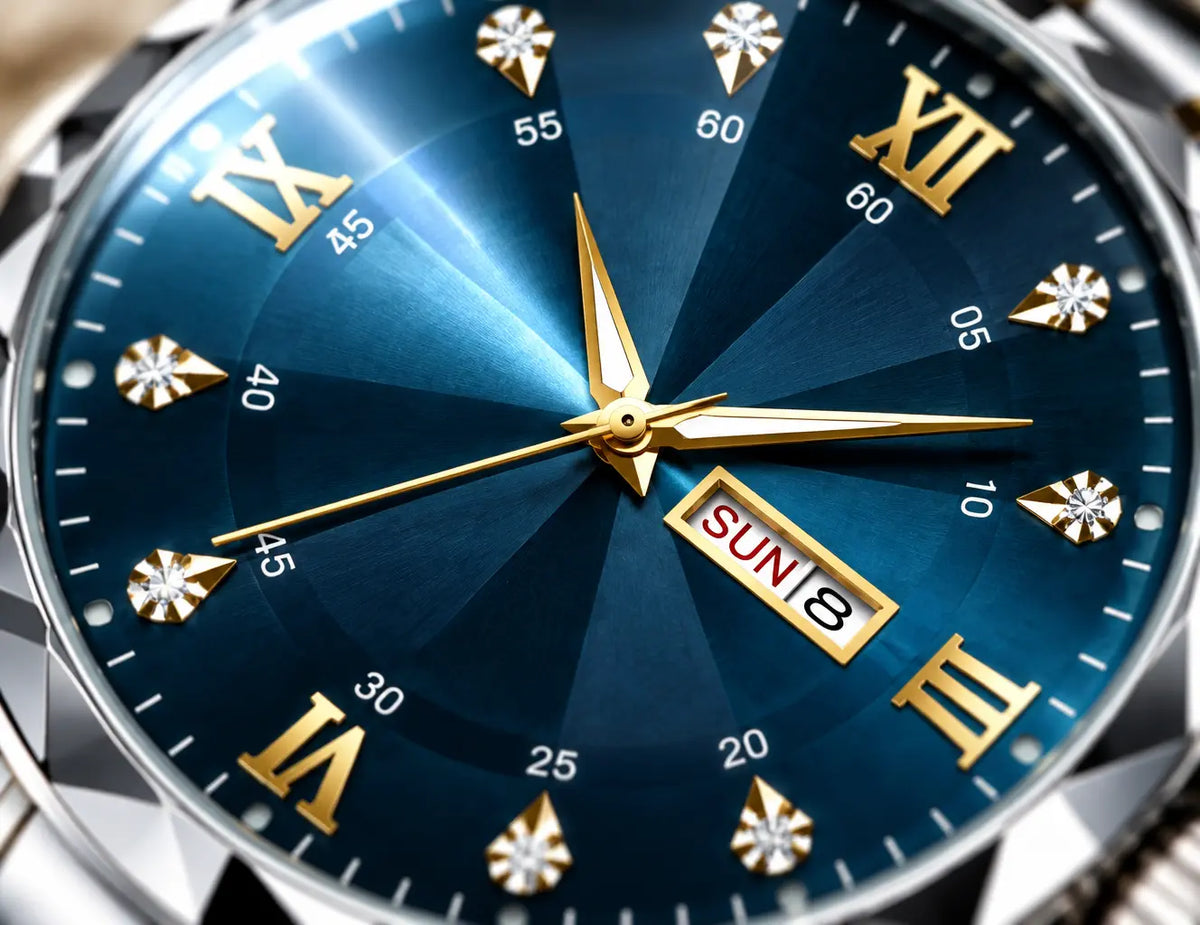 An extreme macro photograph of the exact blue analog watch dial from the reference, cropped so the f